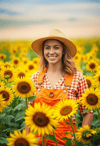 Cheerful Woman Farmer in Sunflower Meadow