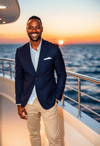 Elegant Individual in Navy Blazer by the Sea