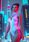 Futuristic Femme Fatale beneath Holographic Skies