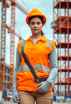 Confident Female Construction Worker in Orange Safety Gear