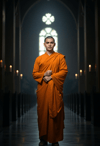 A Monk's Tranquil Presence in a Dimly Lit Sanctuary