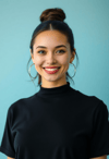 Radiant Elegance: Woman Smiling in Black Tee