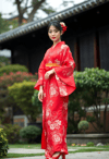 Radiant Charm: Woman in Red Kimono