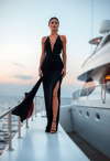 Sophisticated Woman in Black with Her Yacht