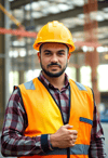 Dynamic Male Builder in Reflective Vest and Helmet