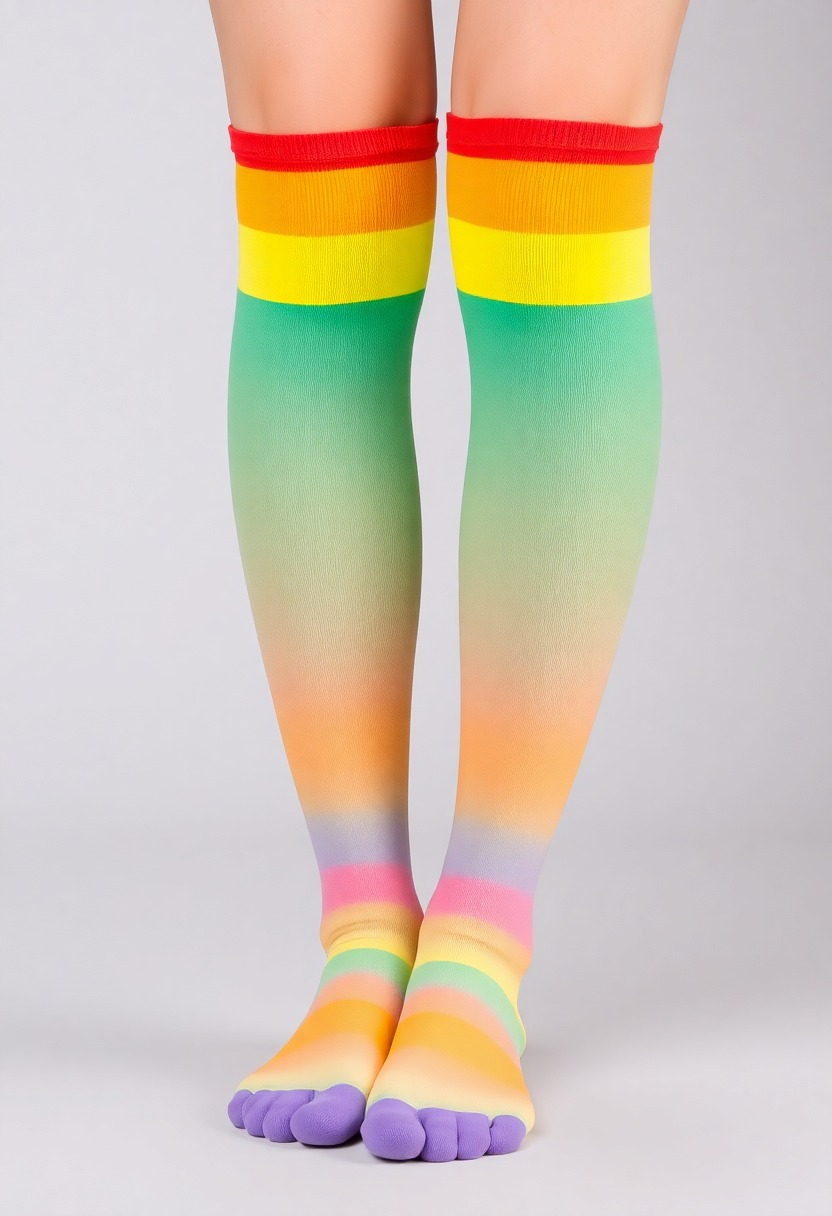 Vibrant Rainbow Knee-High Socks on Model