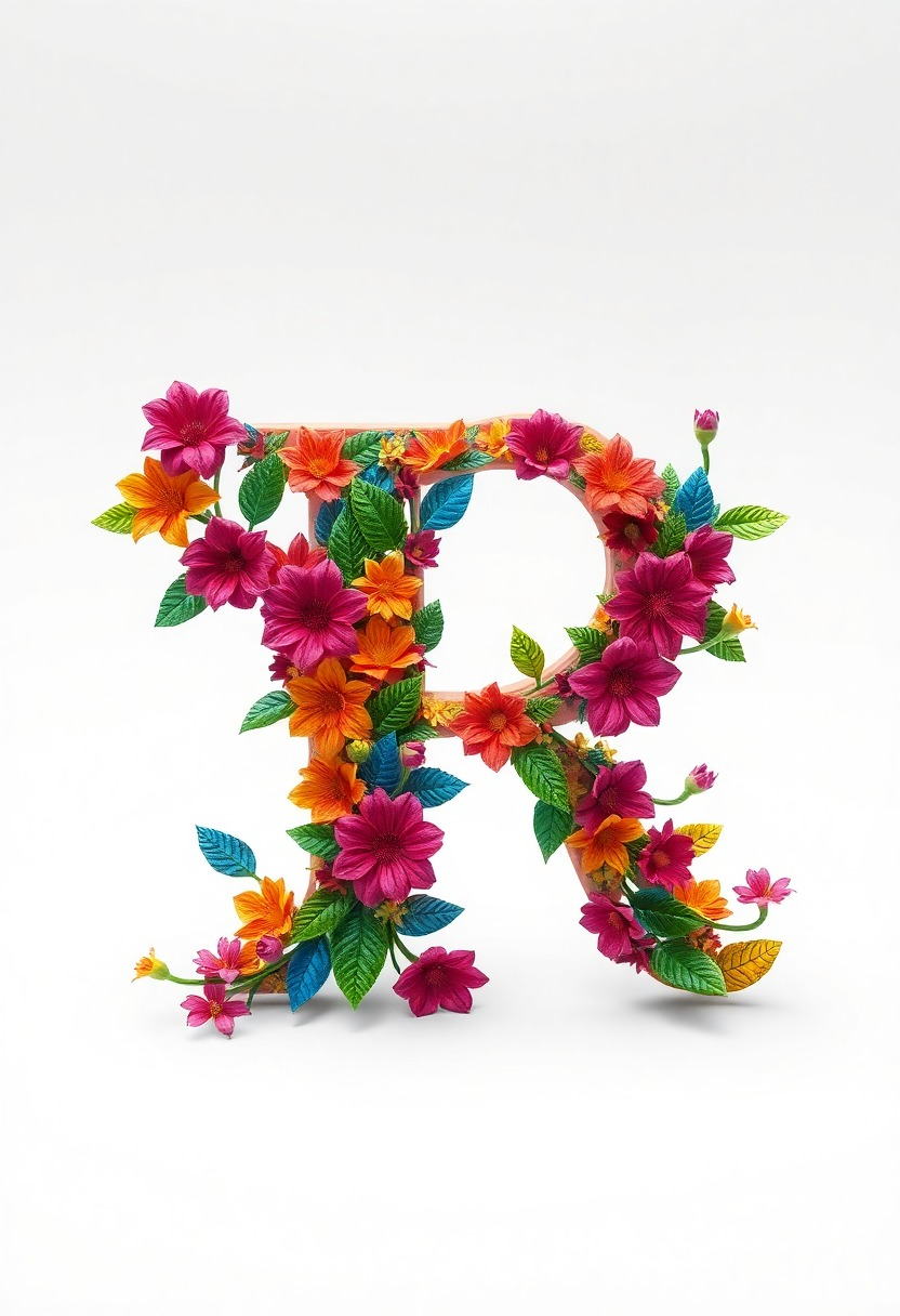 Enchanting Floral R Letter Sculpture in 3D