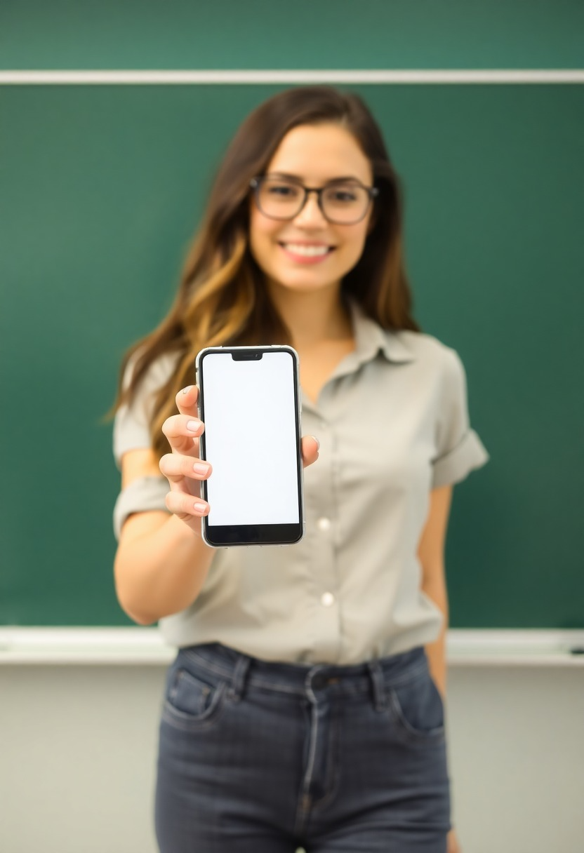 Teacher Holding a Blank Phone in a Classroom