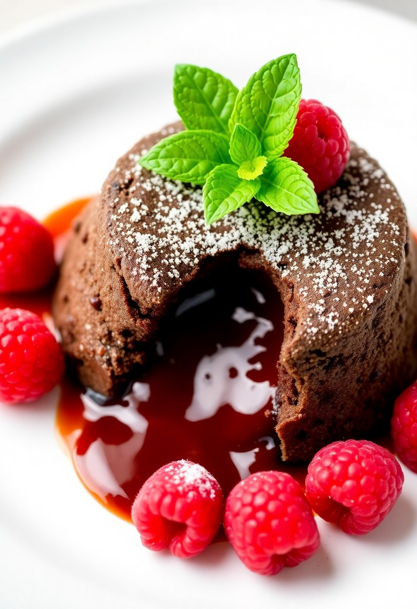 Decadent Chocolate Lava Cake with a Raspberry Garnish