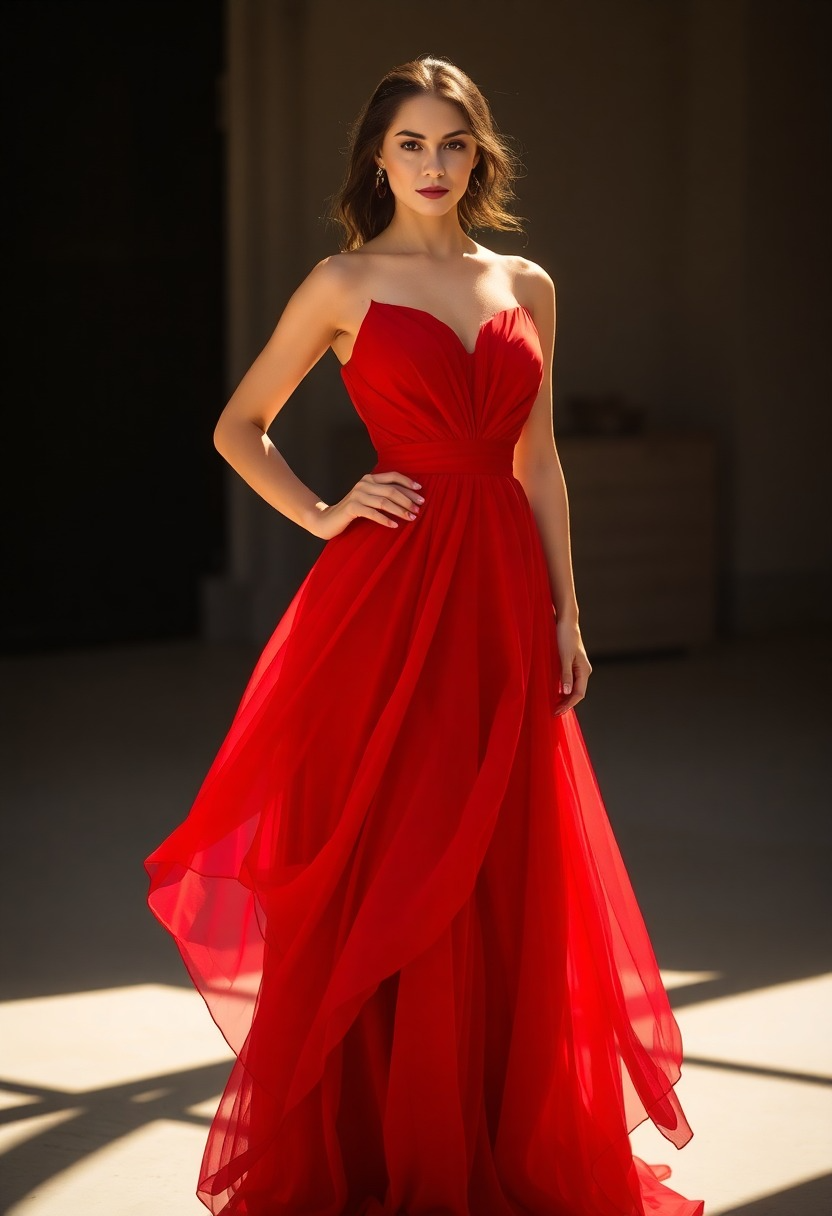 Sunlit Elegance: A Model in a Flowing Red Gown