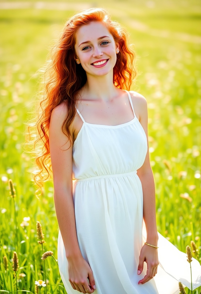 Fiery Elegance: A Redhead in a Sunlit Meadow