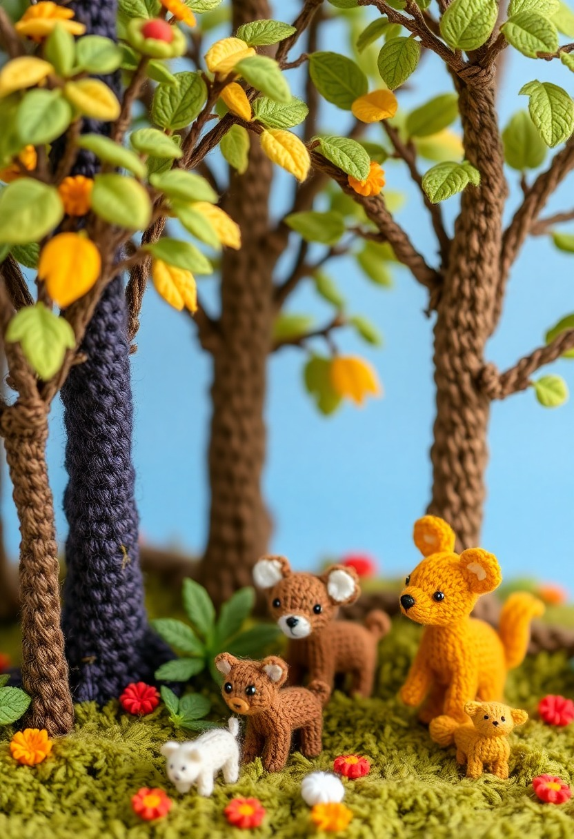 Whimsical Yarn Forest with Tiny Critters