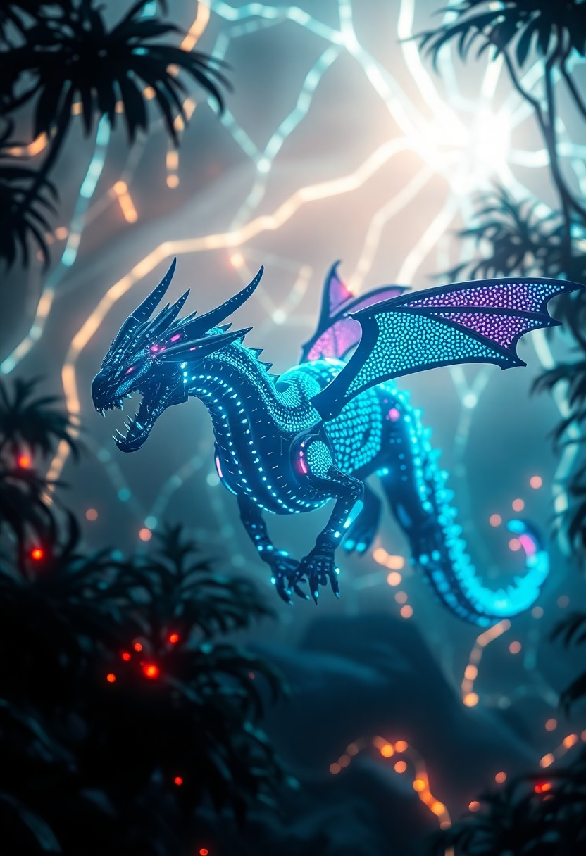 Majestic Cyber Dragon in Neon Forest