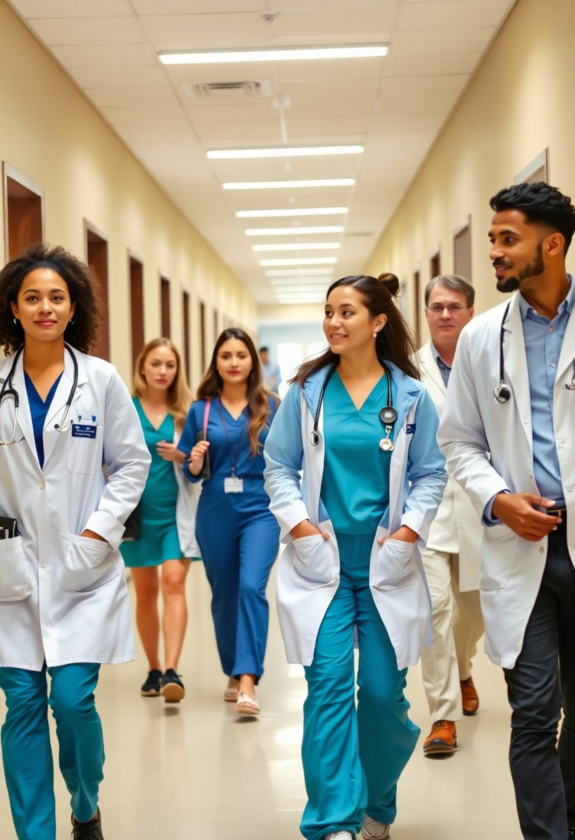 Healthcare Professionals in a Hospital Corridor
