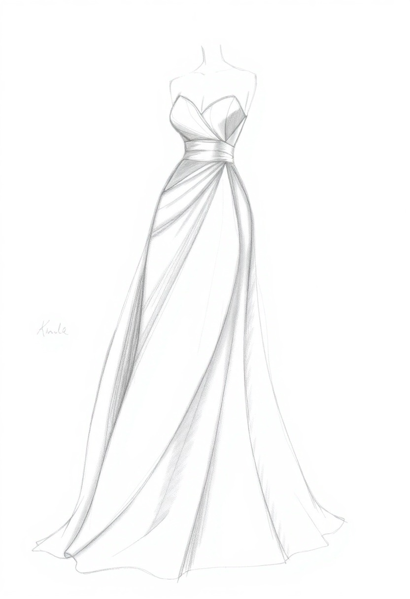 Elegant Evening Gown: A Fashion Sketch in Pencil Drawing