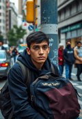 Young Man in Worn Jeans on a City Corner