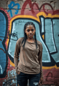 Young Woman in Tattered Clothes on a Bustling City Street