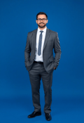 Distinguished Male CEO in a Charcoal Suit Full-Body Shot
