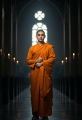 A Monk's Tranquil Presence in a Dimly Lit Sanctuary