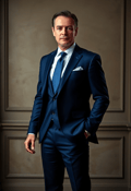 Distinguished Male CEO Standing in a Luxe Midnight Blue Suit