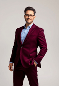 Full-Body Portrait of a Male CEO in a Rich Burgundy Suit