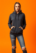 Chic Comfort: Woman in Dark Gray Hoodie