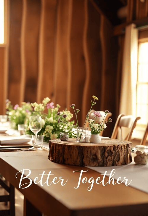 Rustic Wedding Table Decor with 'Better Together' Quote