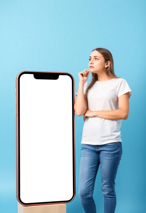 Young Woman Ponders Next to a Giant Blank Smartphone