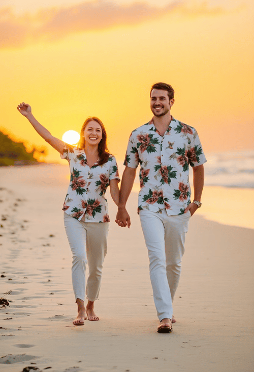 Sunset Stroll: Matching Tropical Attire