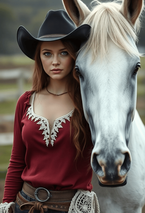 Mystical Gaze: Cowgirl with White Stallion