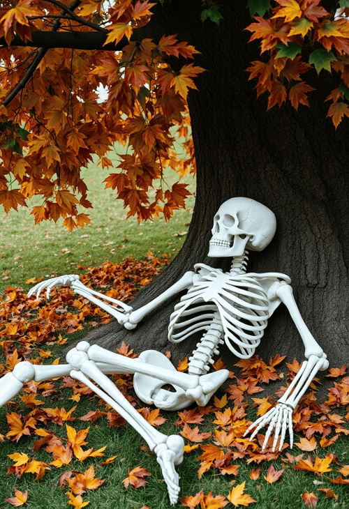 Skeleton in Autumn Vibes with Falling Leaves