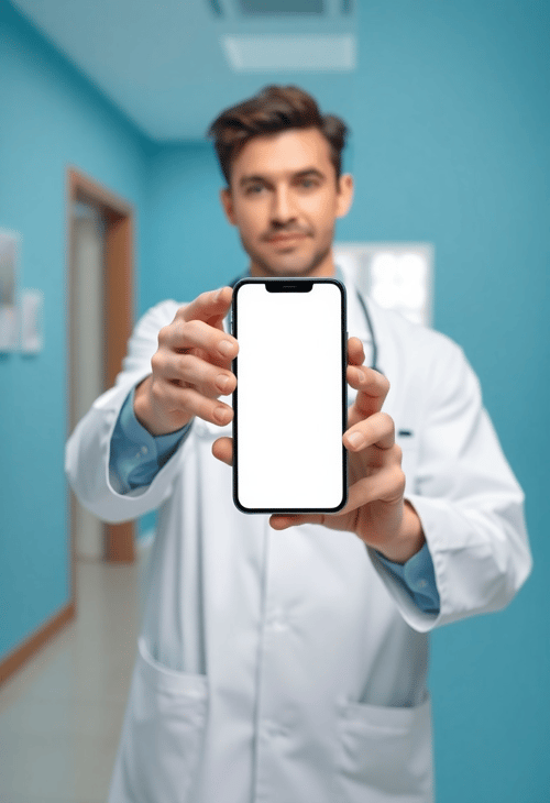 Doctor Holding a Blank Phone in a Clinic