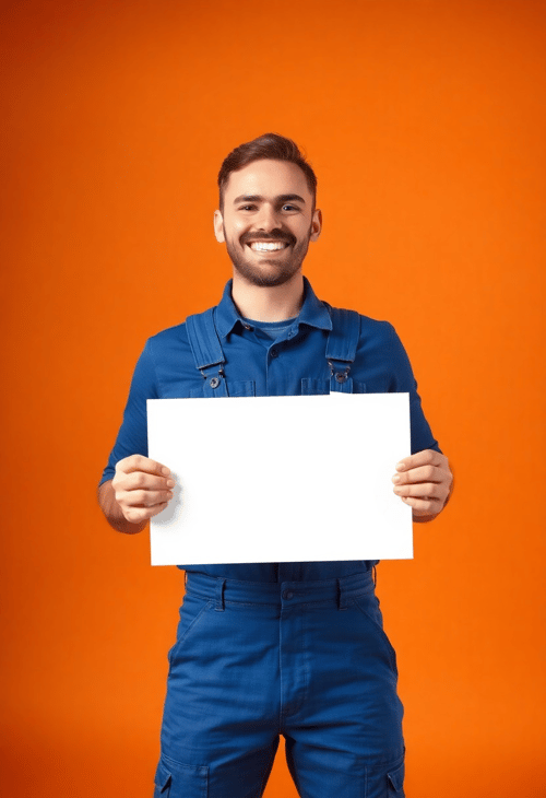Smiling Mechanic with an Empty Signboard