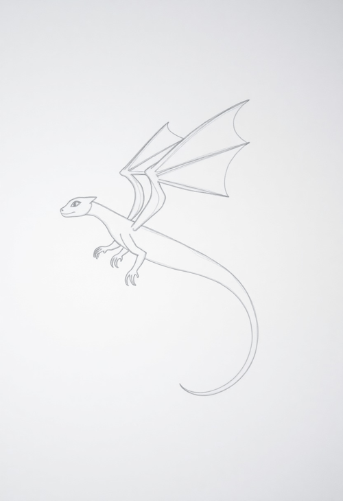 Winged Lizard in Flight: A Pencil Sketch