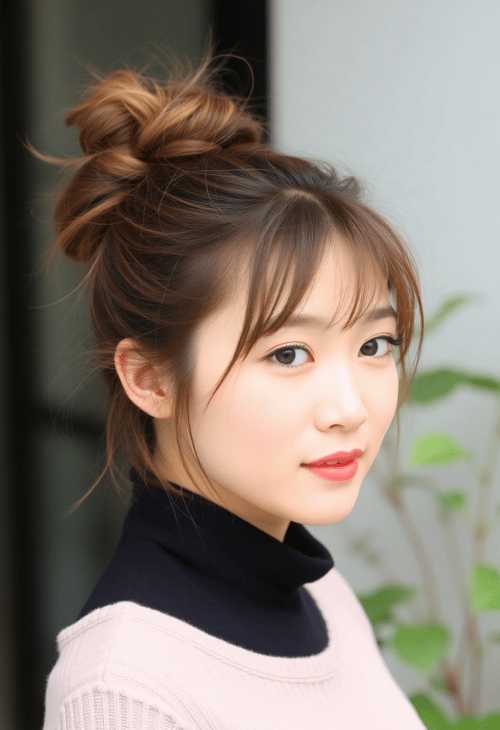 Messy Bun with Bangs on an East Asian Girl