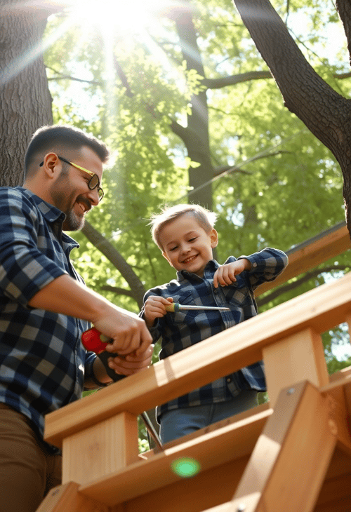 Father and Son Building a Treehouse