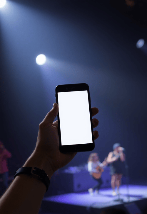 Musician Holding Blank Phone on Stage