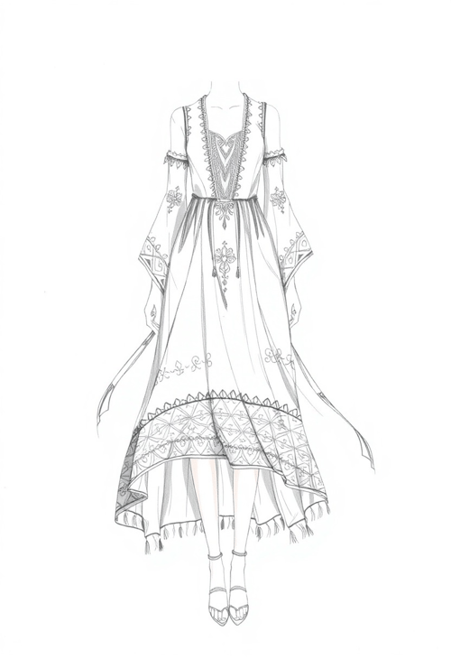 Bohemian Style: Fashion Sketch of Free-Spirited Design