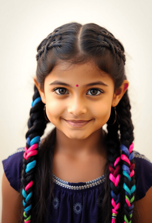 Colorful Braided Extensions on an Indian Girl
