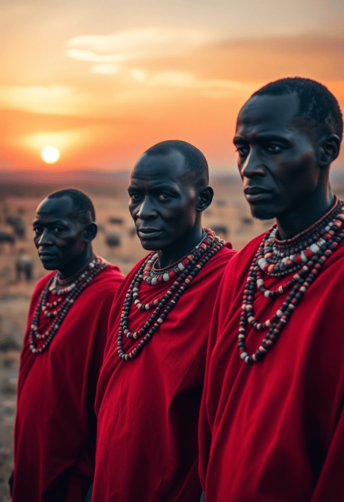 Maasai Warriors in Traditional Attire Amidst the Savannah