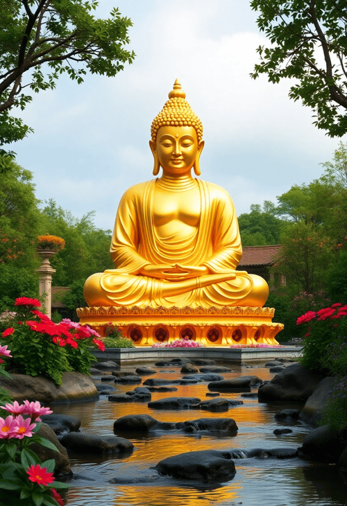 Serene Golden Buddha Statue in a Tranquil Garden