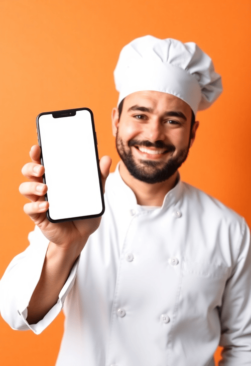 Chef Displaying Recipe App on a Blank Smartphone