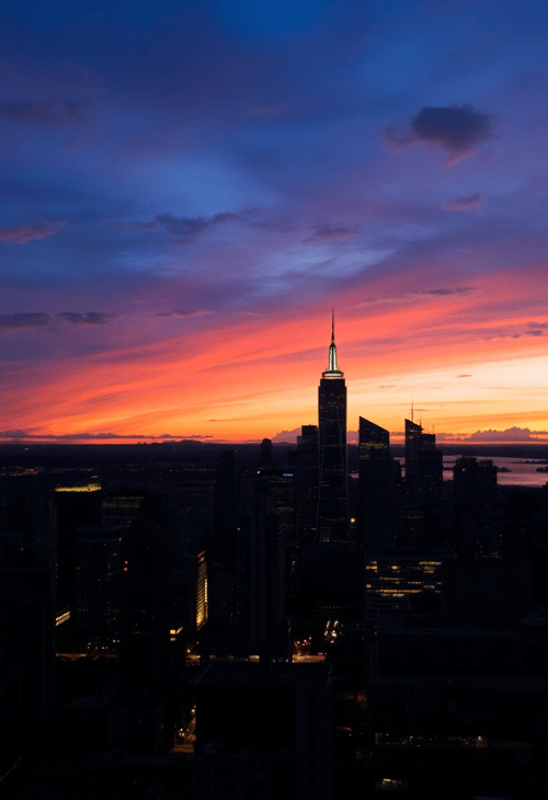 Luminous Rainbow Cityscape at Dusk