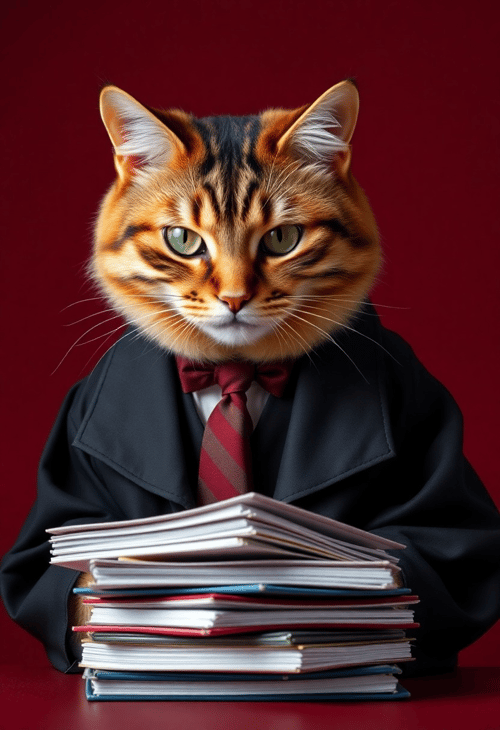 Cat Attorney Reviewing Case Files