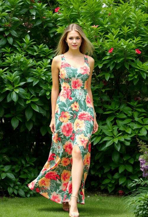 Chic Summer Floral Dress Amidst a Garden