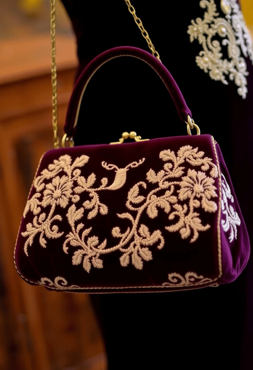 Velvet Embroidered Handbag with Vintage Charm