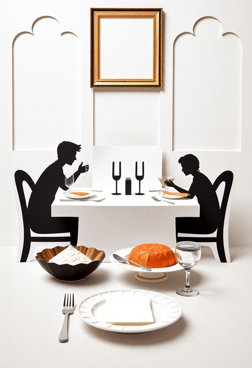 Gourmet Feast in Paper Cutout Presentation