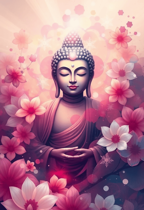 Digital Buddha Painting with Floral Accents