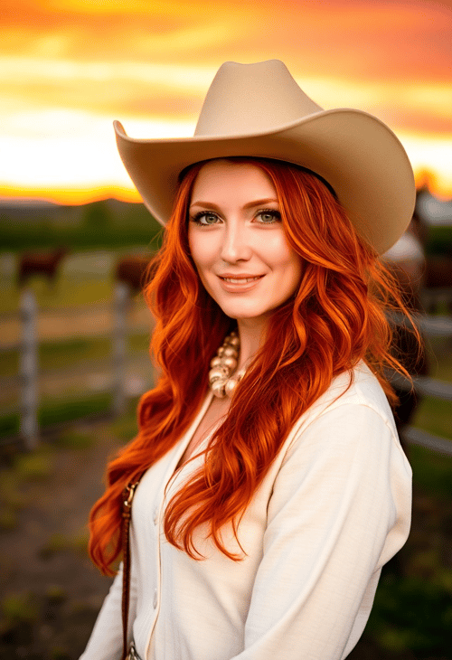 Fiery Spirit: Redhead Cowgirl in Sunset Glow