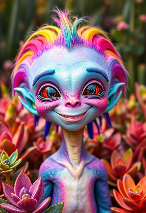 Alien with Rainbow Hair and a Big Smile